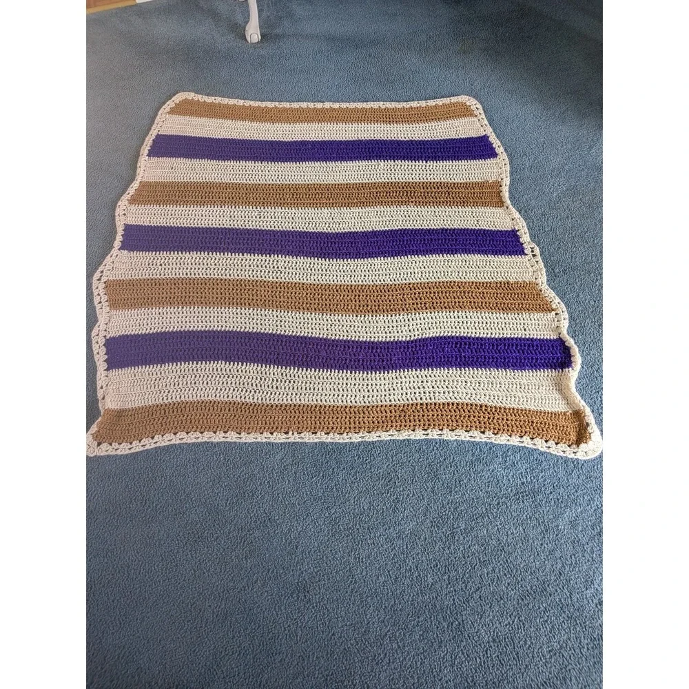 Vintage Hand Crocheted Striped Throw Blanket Purple Taupe Cream  Afghan Cozy